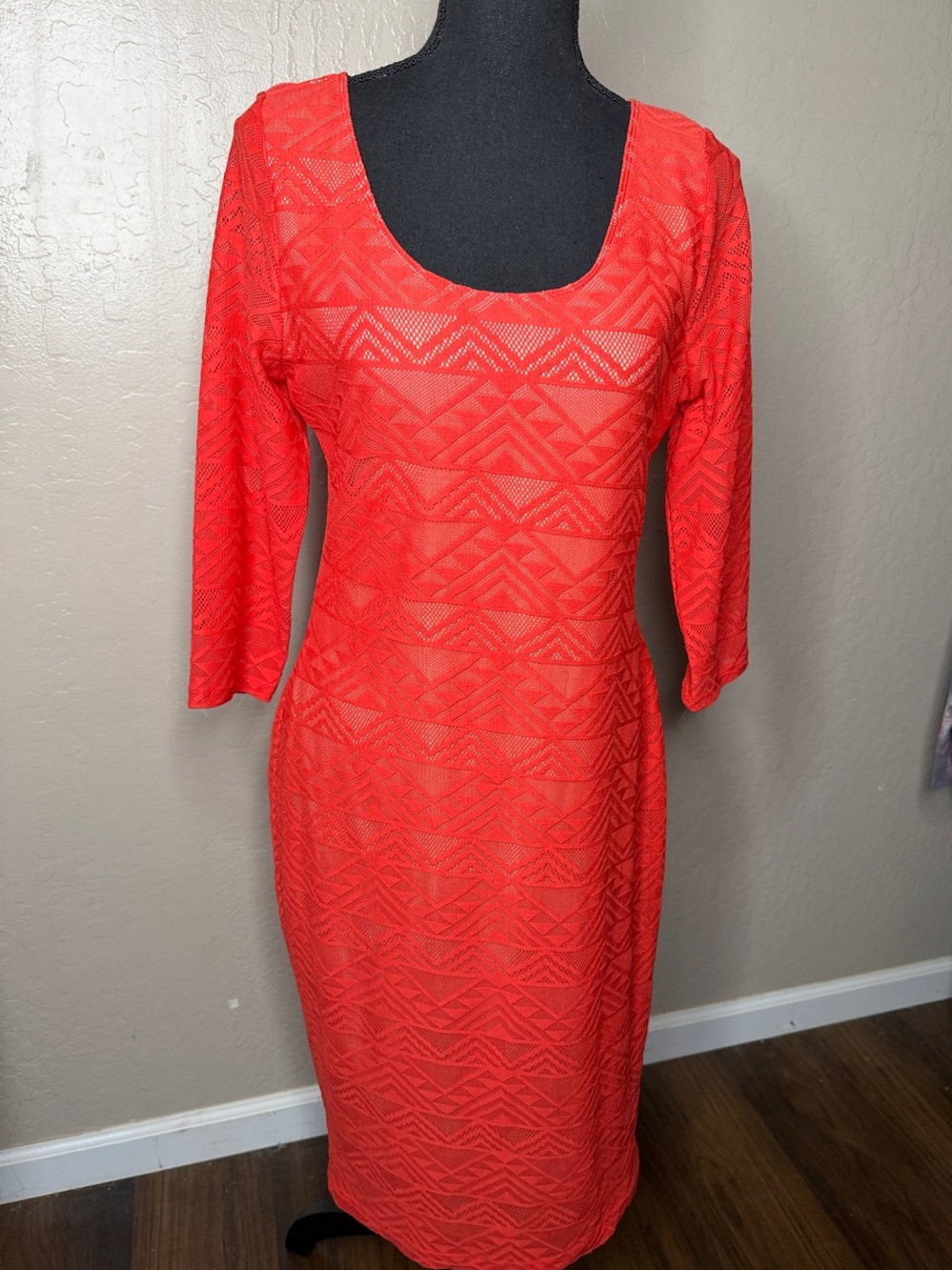 Bright Coral Scoop-Neck Midi Dress